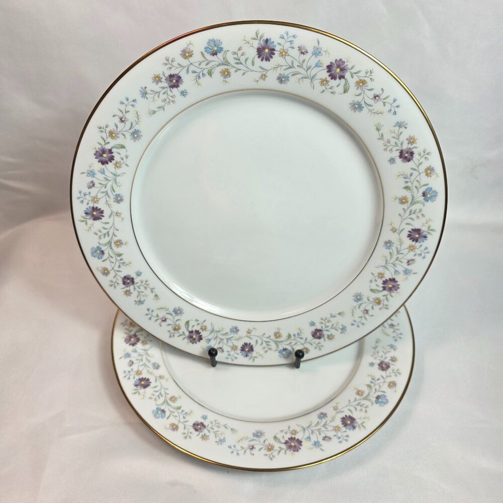 TWO Noritake Longwood #2485 Dinner Plates Purple, Blue & Yellow Flowers